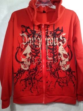 Romwe RED gothic Skull DANGEROUS Hoodie Mens 2XL Full Zip Sweatshirt jacket NEW